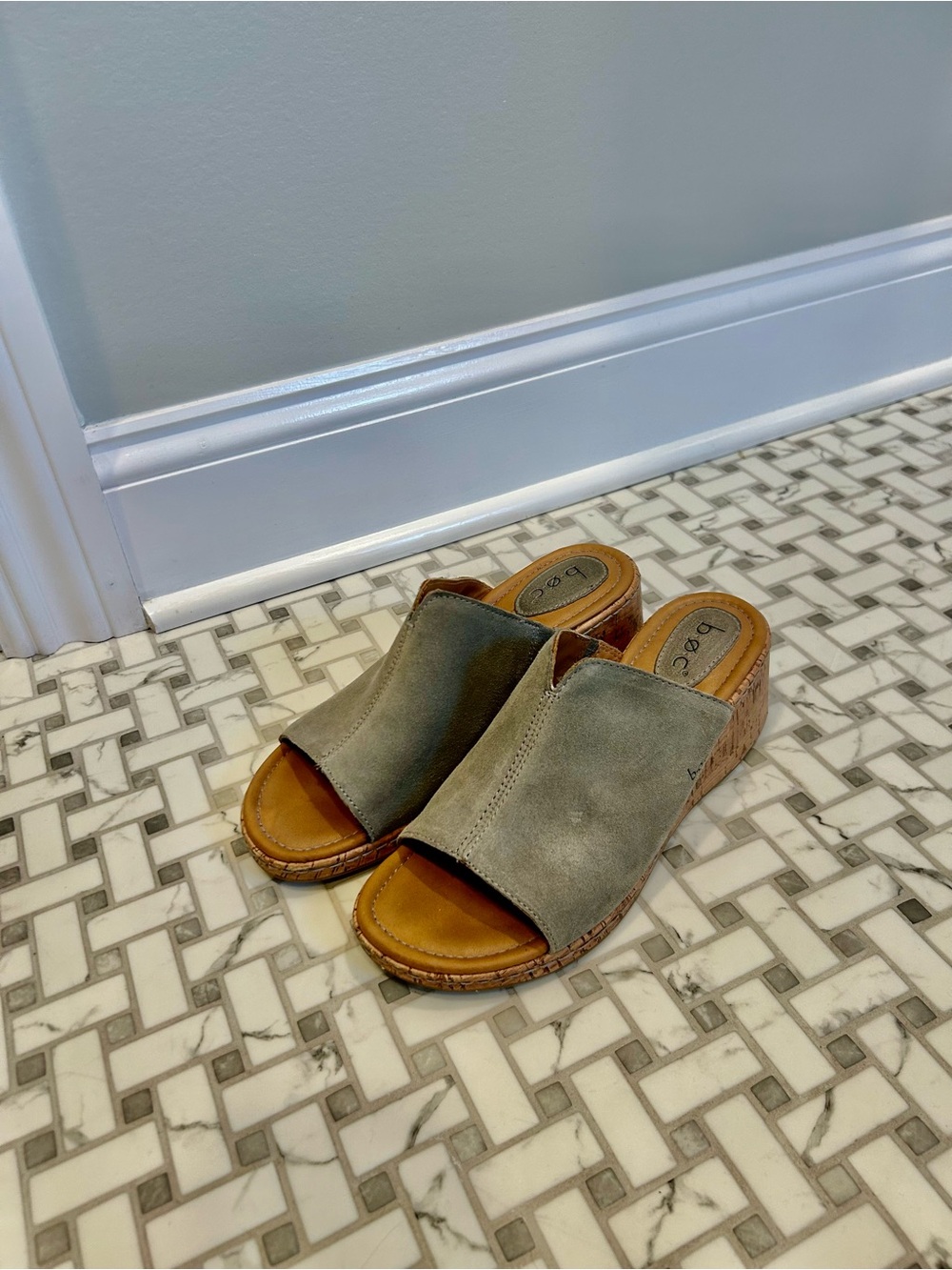 b.o.c. Gray Suede Open-Toe Cork Wedge Mules